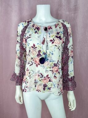 Misa Womens Long Sleeve Floral V Neck Ruffle Trim Blouse White Multi Size XS